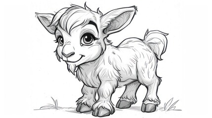 Canvas Print -  a black and white drawing of a baby goat with big eyes and a big smile on it's face, standing on a patch of grass and looking at the viewer.