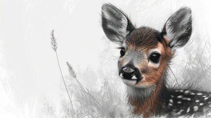 Poster -  a close up of a deer's face with grass in the foreground and a foggy sky in the background, with a blurry image of the deer's head.