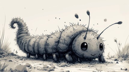 Wall Mural -  a drawing of a caterpillar crawling on the ground with its head in the air and it's legs in the air as if it's body.