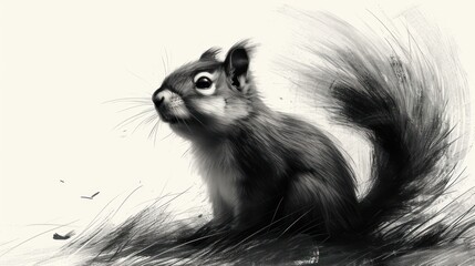 Poster -  a black and white photo of a squirrel with long hair on it's back, looking up at the camera, with eyes wide open, while standing on the ground.