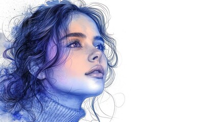 Wall Mural -  a digital painting of a woman's face with blue hair and a blue turtle neck sweater over her shoulders, looking to the side, with a white background.