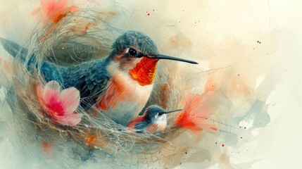 Poster -  a painting of a hummingbird sitting on top of a nest with two hummingbirds in it's nest, surrounded by red, pink, orange and white flowers.