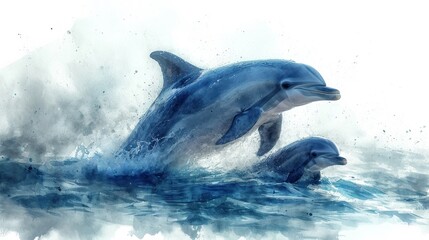 Wall Mural -  a painting of two dolphins jumping out of the water with a splash of water on the bottom of the image and a splash of water on the bottom of the image.