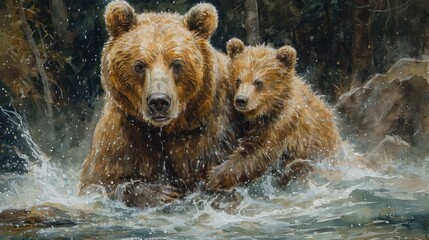 Canvas Print -  a painting of two brown bears playing in a body of water with trees in the background and water splashing all over the bottom of the picture and the picture.