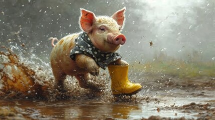 Canvas Print -  a small pig wearing a bandana and holding a yellow rubber boot in a puddle of water with it's head sticking out of the top of the puddle.