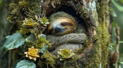 Wall Mural -  a sloth sleeping in a hole in a tree with moss growing on it's sides and a yellow flower on the other side of it's face.