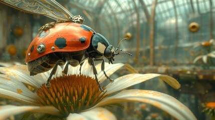 Canvas Print -  a ladybug sitting on top of a flower with a bug on it's back and wings on it's back, in front of a building.