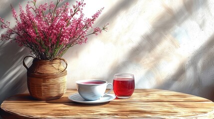 Poster -  a wooden table topped with a cup of tea and a vase filled with pink flowers next to a cup of tea on top of a saucer and saucer.