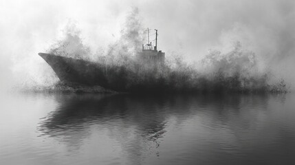 Wall Mural -  a black and white photo of a boat in a body of water with a lot of smoke coming out of the top of the boat and on the side of the water.