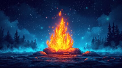 Wall Mural -  a painting of a campfire in the middle of a forest at night with stars and the moon in the sky over the trees and on the ground in the ground.