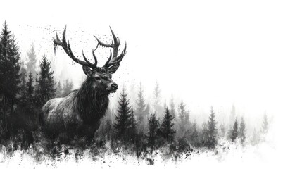 Poster -  a black and white photo of a deer with antlers on it's head in front of a line of trees with snow on the ground in the foreground.