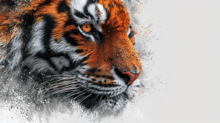 Wall Mural -  a close up of a tiger's face with white and orange paint splatters on it's face and behind it is a black and white background.