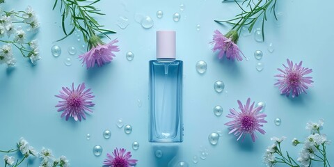 Blank cosmetic bottle on water surface next to flowers, top view shot