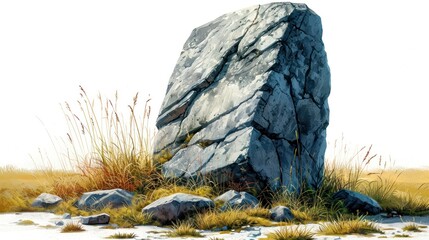 Poster -  a painting of a large rock in the middle of a field with grass and rocks in the foreground and a bird perched on top of the rock in the middle of the rock.