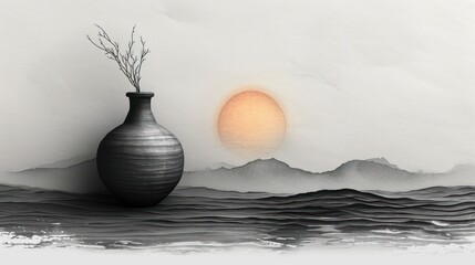 Canvas Print -  a black vase sitting on top of a body of water next to an orange light in the middle of the sky above the water is a mountain and a body of water.