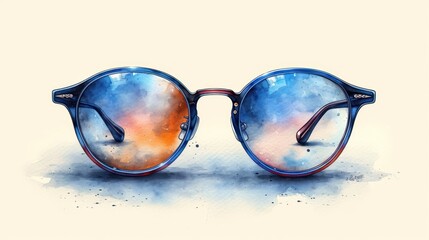 Wall Mural -  a pair of sunglasses with a watercolor painting of the reflection of the glasses on the side of the glasses is blue and has a red and orange design on the side of the lens.