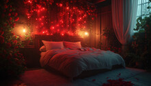 Bedroom Themed Atmosphere With Roses And Balloons In Valentine's Day Style