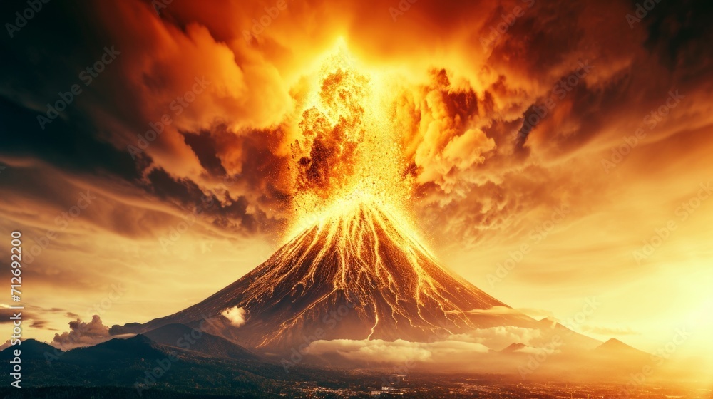 Majestic volcano erupting with lava and smoke against a fiery sky ...
