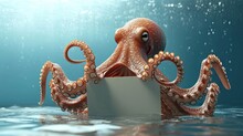 Cute Pink Octopus 3d Cartoon With Blank Sign In His Tentacles Underwater