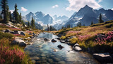 panorama of tall rocky mountains covered in white smoke, under the mountain flowing clear and fresh rivers, on the banks of the river there are many colorful flowers , light sun morning , Generate AI