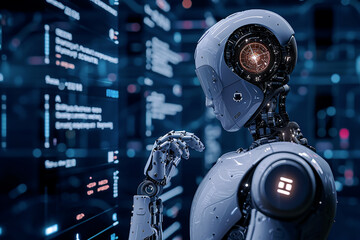 futuristic robotic head with a detailed mechanical design, visible internal components, and digital interfaces on background filled with complex coding and software interfaces, humanoid face, digital 