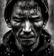 Old male wearing black street clothes, for help. Sad homeless man under heavy rain.