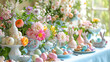 A festive Easter brunch table adorned with vibrant spring flowers, pastel-colored eggs, and delightful bunny-shaped treats, creating a visually elaborate and joyous setting for a H