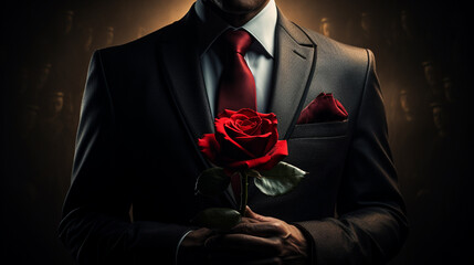 Photo of man in suit holding a red rose behind his back , Generate AI

