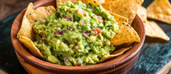 Wall Mural - Homemade ready-to-eat guacamole and chips.