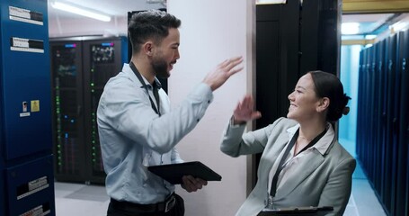 Fototapete - People, teamwork and server room, for cloud computing, digital solution and cybersecurity success with high five. Engineering man and woman with tablet, checklist and happy celebration in data center