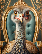 Ostrich Sitting On A Golden Grand Edwardian Chair, Close Up Of The Animal While Looking At The Camera. Wild Animals In Luxury.