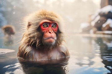 a group of red-cheeked monkeys bathing in a natural onsen hot spring in Snow. Japan