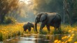 Mother elephant with her calf walking through a picturesque meadow by the water. tranquil wildlife scene in a serene setting. AI
