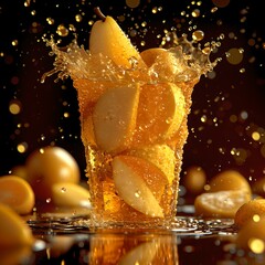 Sticker - Refreshing lemonade with splashing water on a dark background. lemon slices fall into a glass creating splash. dynamic beverage image. AI