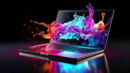 Laptop with color splash on black background