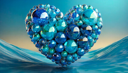 Wall Mural - Multicolored Sphere Love Heart. Lught blue, Blue Glass and Blue Metallic Spheres arranged in a heart shape. 3D Render, blue background