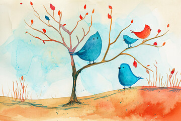 Wall Mural - watercolor illustration of a child's drawing of a family of birds in a tree