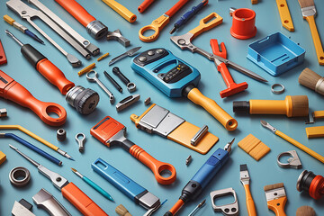 Wall Mural - tools for repair and restoration work. equipment for painting redesign design. vertical advertising 