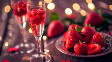 A Delectable Pairing Of Fresh Strawberries And Bubbly Champagne, Elegantly Presented On A Table Adorned With Stemware And Barware, Evoking A Sense Of Sophistication And Indulgence