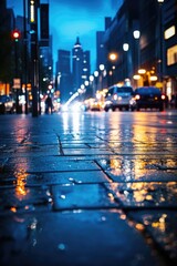 Blurred background of a wet city street at night