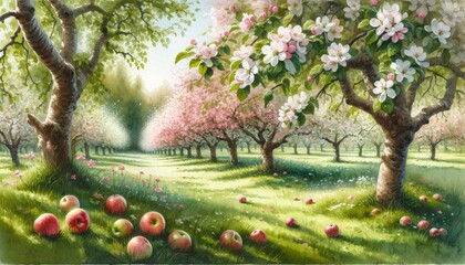 Oil painting of apple trees in bloom with fallen fruits on grass. Spring orchard scene for wall art, postcard