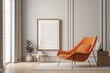 A 3D render of a frame mock-up in a beige interior with an orange lounge chair. Generative AI