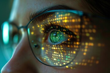 Wall Mural - Close-up of an eye with a binary code reflection on glasses lens