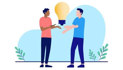 Fototapete - Coming up with idea - Flat design vector illustration of two people with big light bulb. Flat design vector illustration with white background