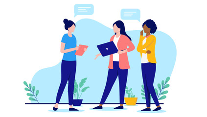 Aufkleber - Team of only women talking - Group of female characters in office having conversation and dialogue with standing with speech bubbles. Flat design vector illustration on white background