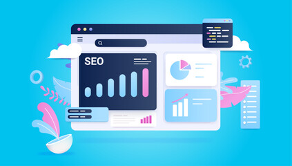 Fototapete - SEO analytics - Computer screen with search engine optimisation chart, graphs and diagrams showing growth and positive results. Semi flat design vector illustration with blue background