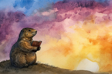 Wall Mural - peaceful watercolor illustration of a groundhog holding a book