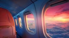 Realistic Photo , View Looking Through An Airplane Window ,airplane Wing And Clouds Seen Through Plane Windows , Generate AI