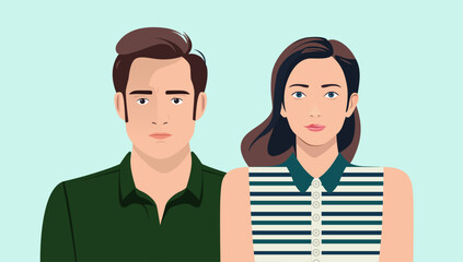 Aufkleber - Young couple vector illustration of man and woman in casual clothes looking in camera with regular casual facial expression