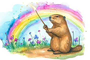 Wall Mural - magical watercolor illustration of a groundhog holding a wand